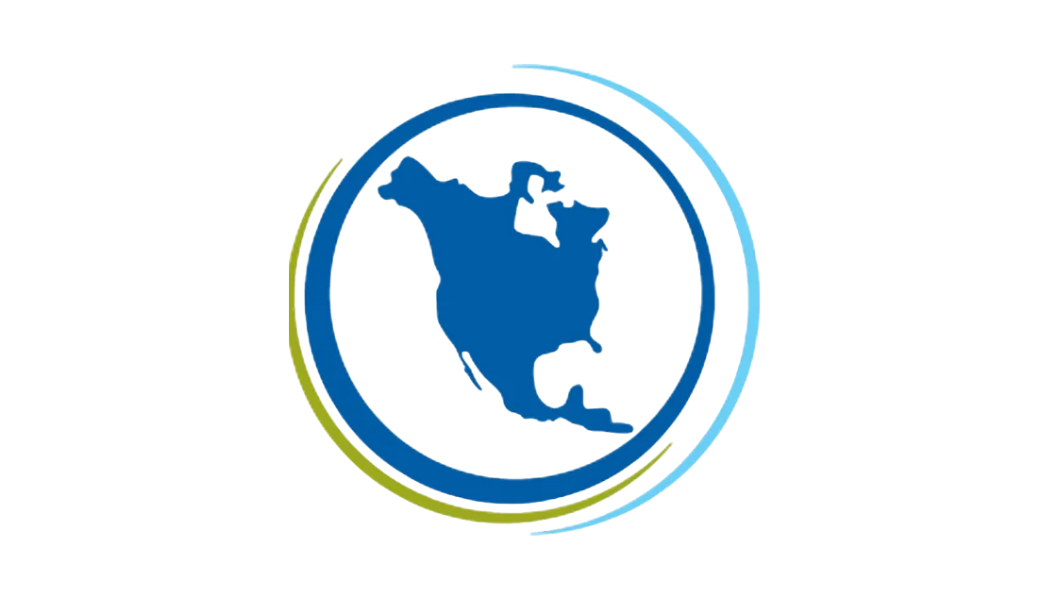 A stylized graphic of North America with a circular border and colorful swooshes in green, dark blue, and light blue.