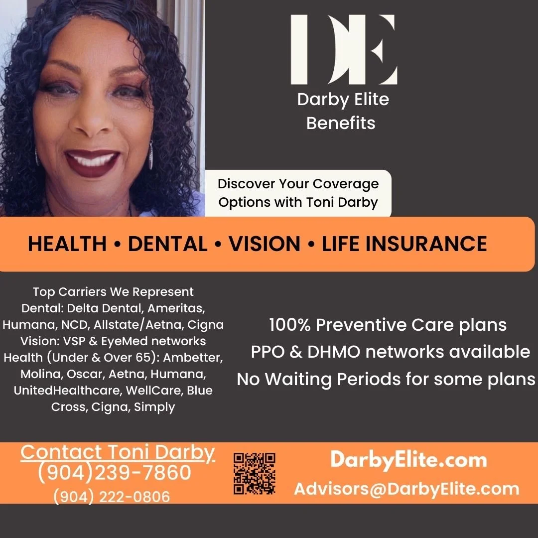 A promotional flyer for Darby Elite Benefits featuring a woman with dark curly hair and dark lipstick. The flyer highlights health, dental, vision, and life insurance services, with contact information for Toni Darby and details about coverage options and providers.