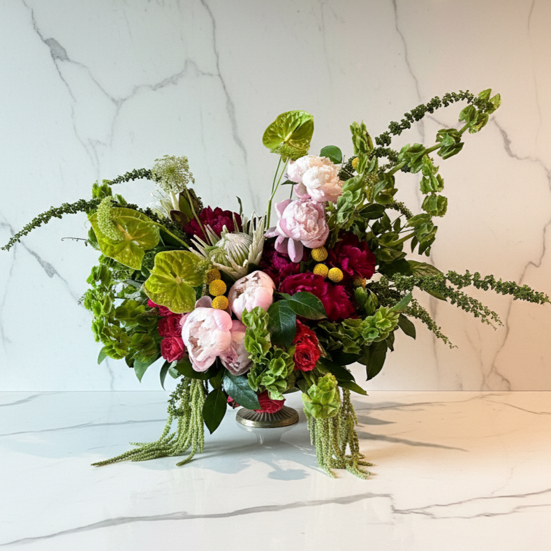 Elegant floral arrangement with pink peonies, red roses, green foliage, and cascading greenery in a silver vase, set on a white marble surface against a marble wall background.