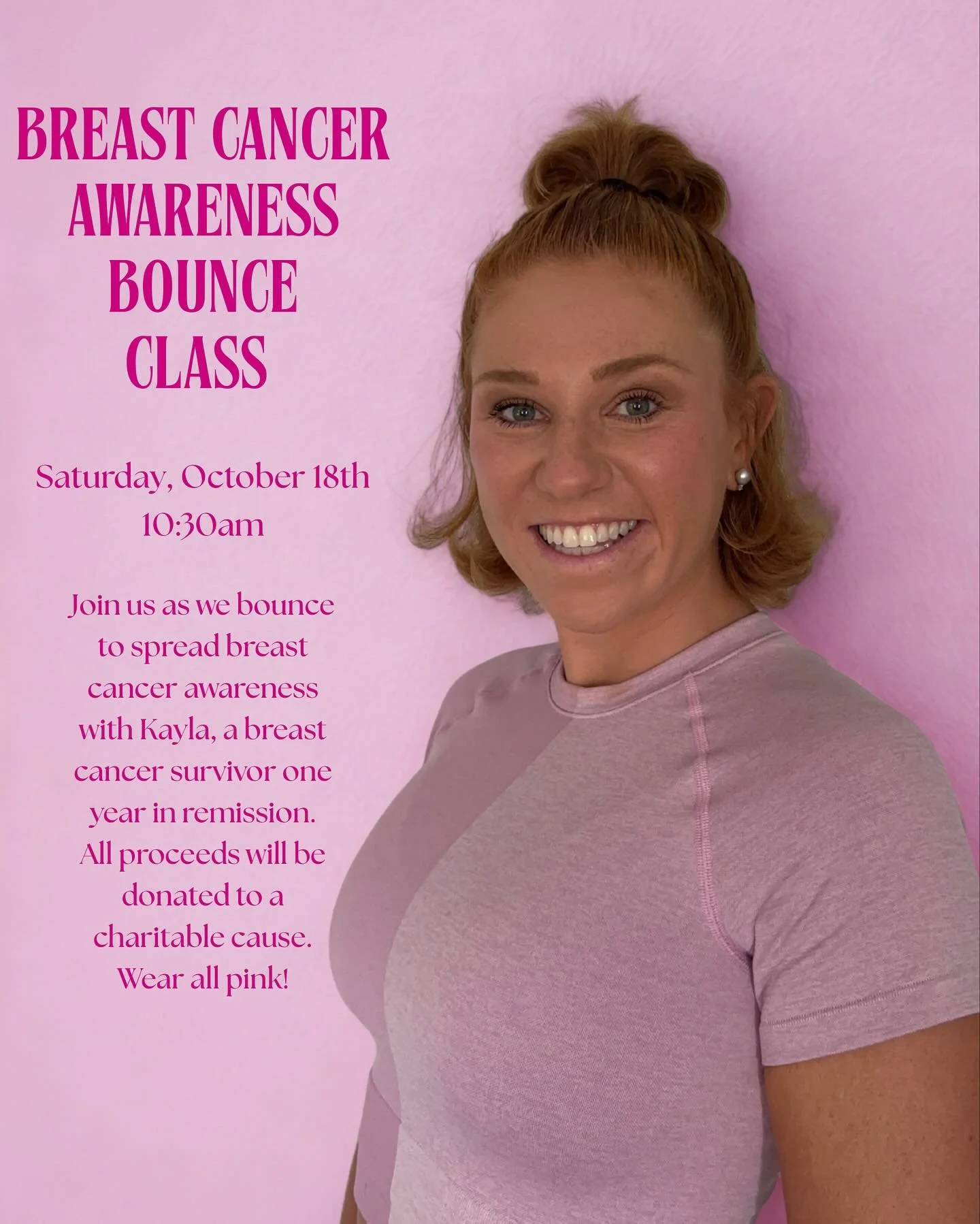 BOUNCE FOR BREAST CANCER AWARENESS! 

Sign up, show up, and wear pink! 💕

Our very own @kaylaaalexander is a breast cancer survivor herself and will be leading us through a bounce class on October 18th at 10:30am

See you then!