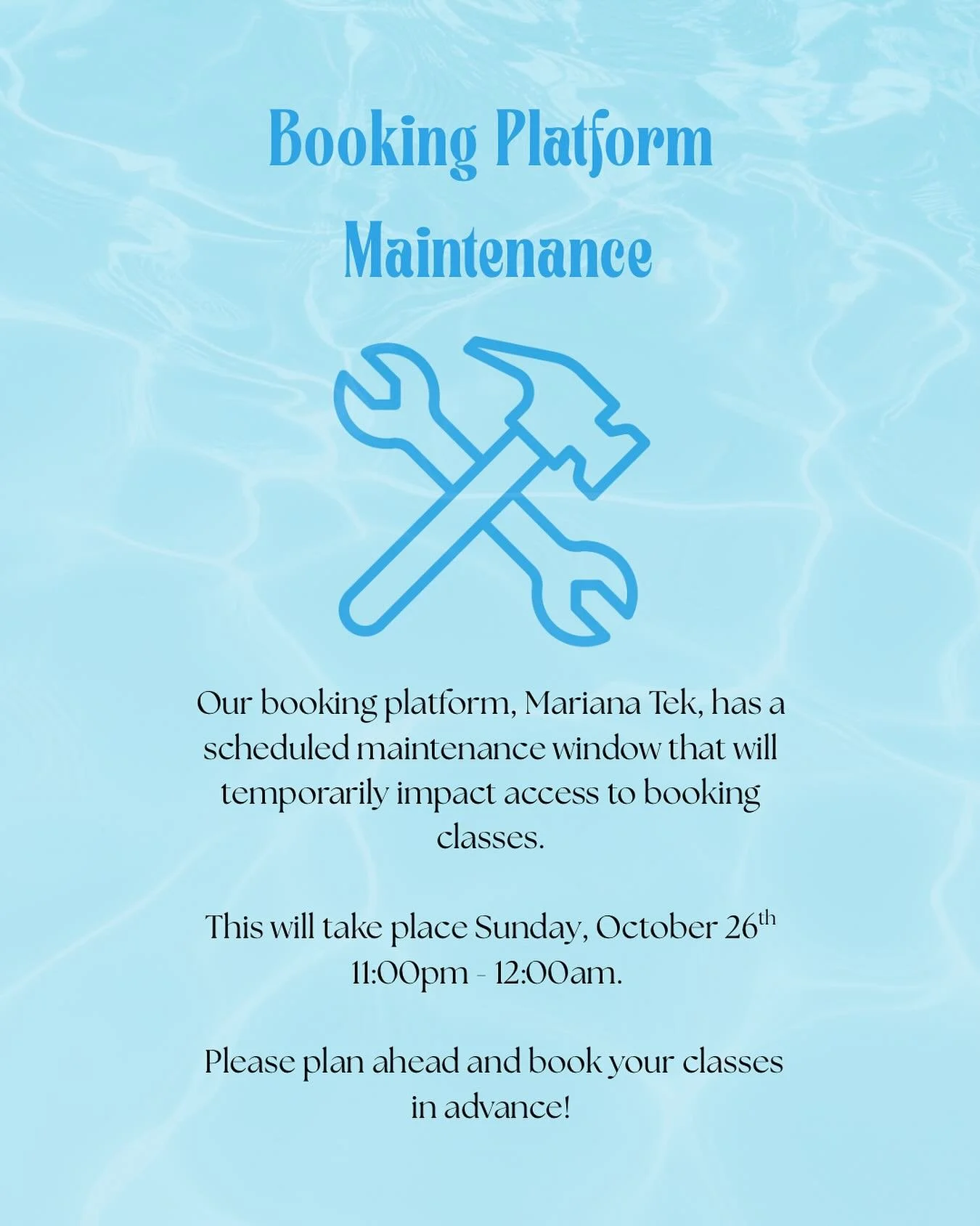 Scheduled Maintenance Notice ⚠️

Our booking platform will be temporarily unavailable on Sunday, October 26th from 11:00pm- 12:00am. 

Please plan ahead &amp; book your classes in advance!