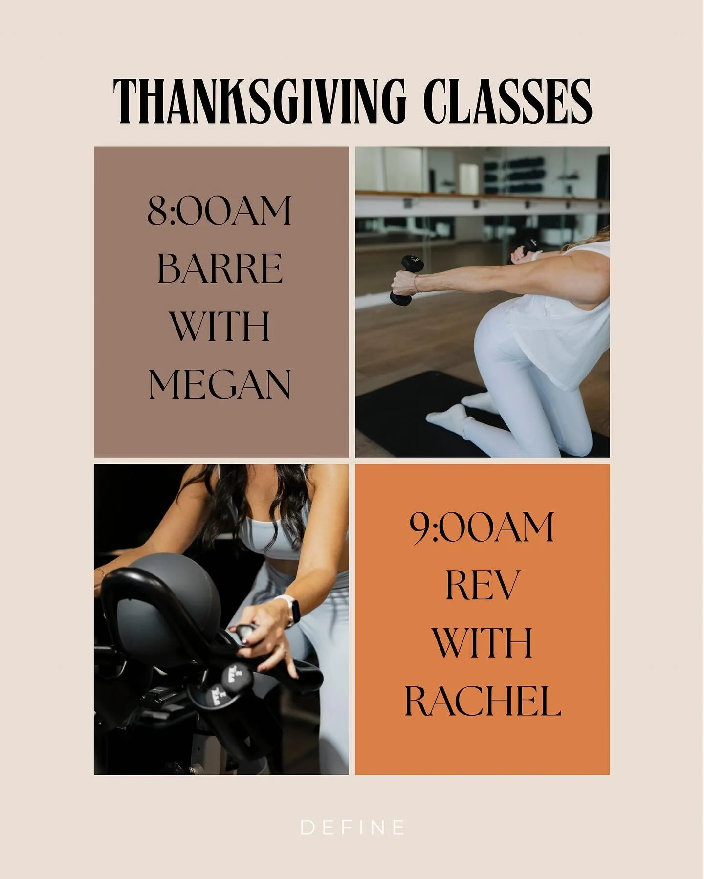 Move with us before the feast! 

Check out our Thanksgiving class schedule 💙

@meganzebouni 8:00am Barre
@rachelchrystine 9:00am Rev