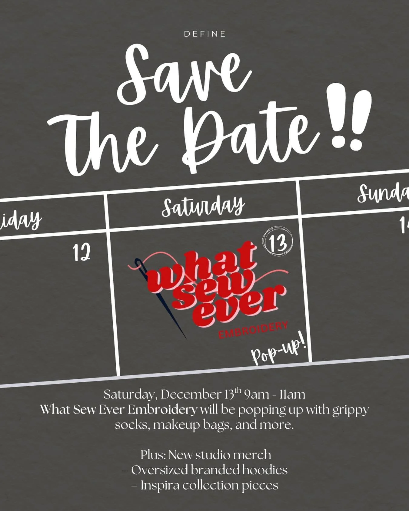 Mark Your Calendar 🗓️

Saturday, December 13th 9:00am - 11:00am 

Come shop @_whatsewever embroidered pieces along with new studio merch, featuring @inspira_tlb 💙
