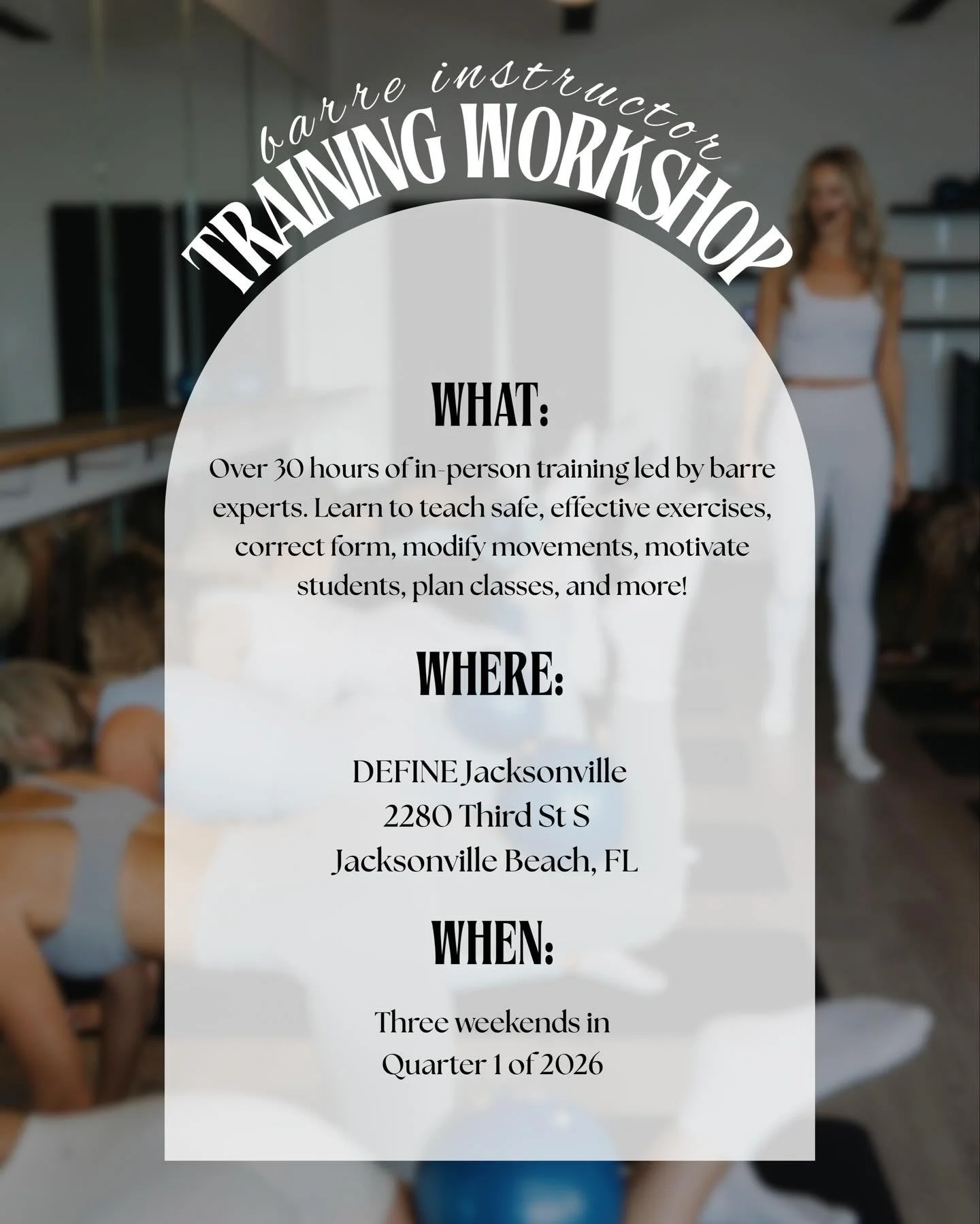 Barre Instructor Training and Workshop🩰

Have you been waiting for the opportunity to become an instructor?
Maybe you just LOVE barre and want to level up your practice to develop mastery?

Join us!

Over 30 hours of in-person training led by barre 