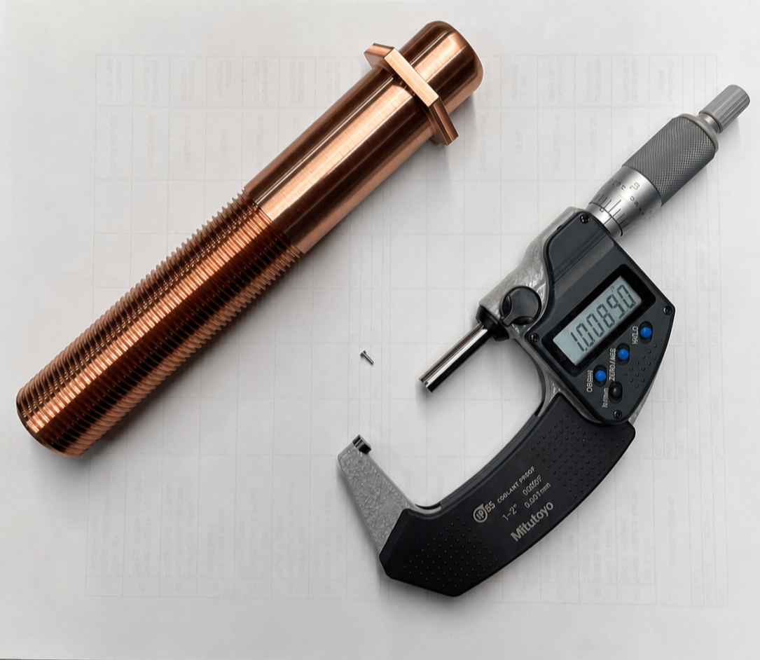 A copper coil, a screw, and a digital inside micrometer on graph paper.