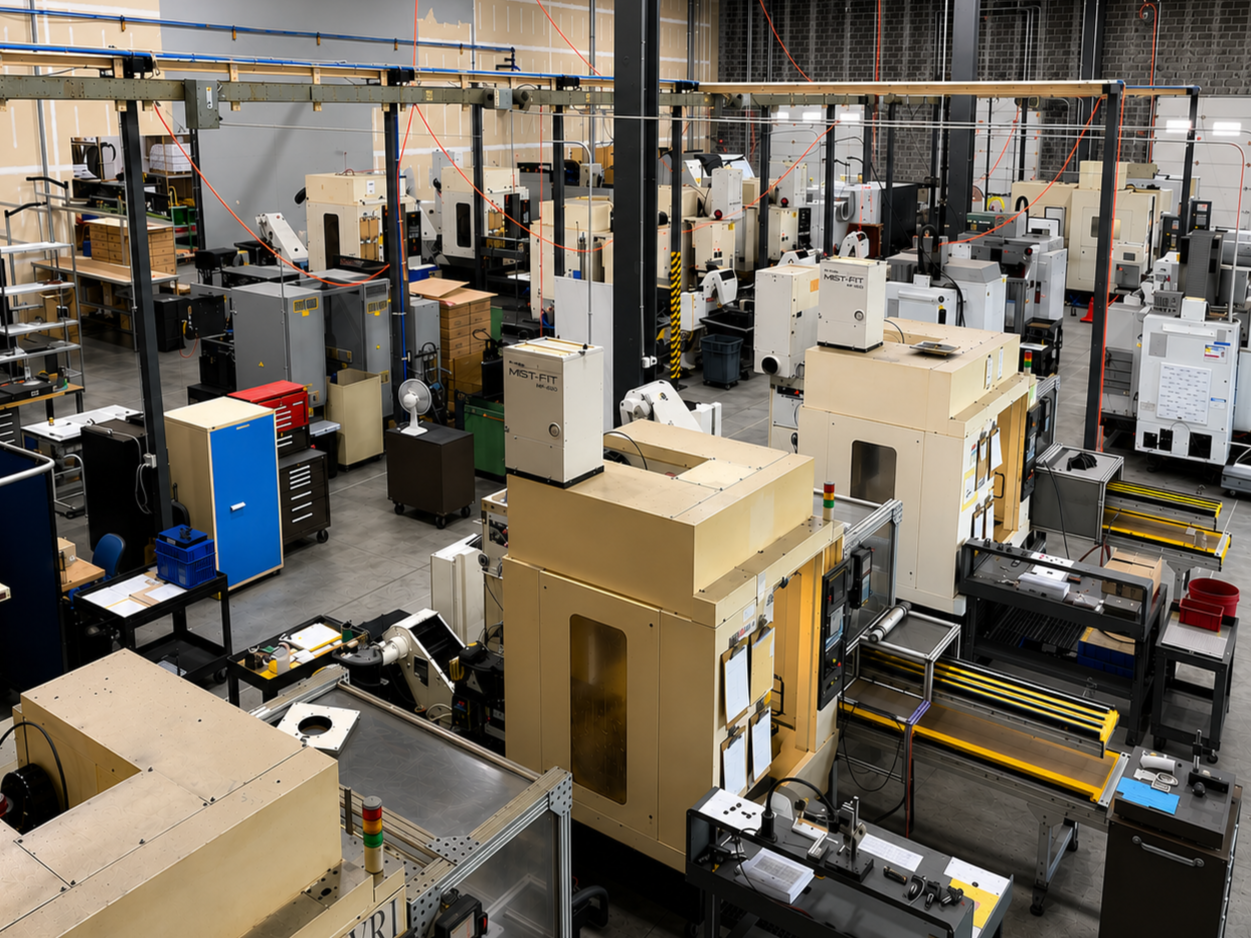 Industrial manufacturing facility with multiple CNC machines, workbenches, tools, and equipment in a large factory space.