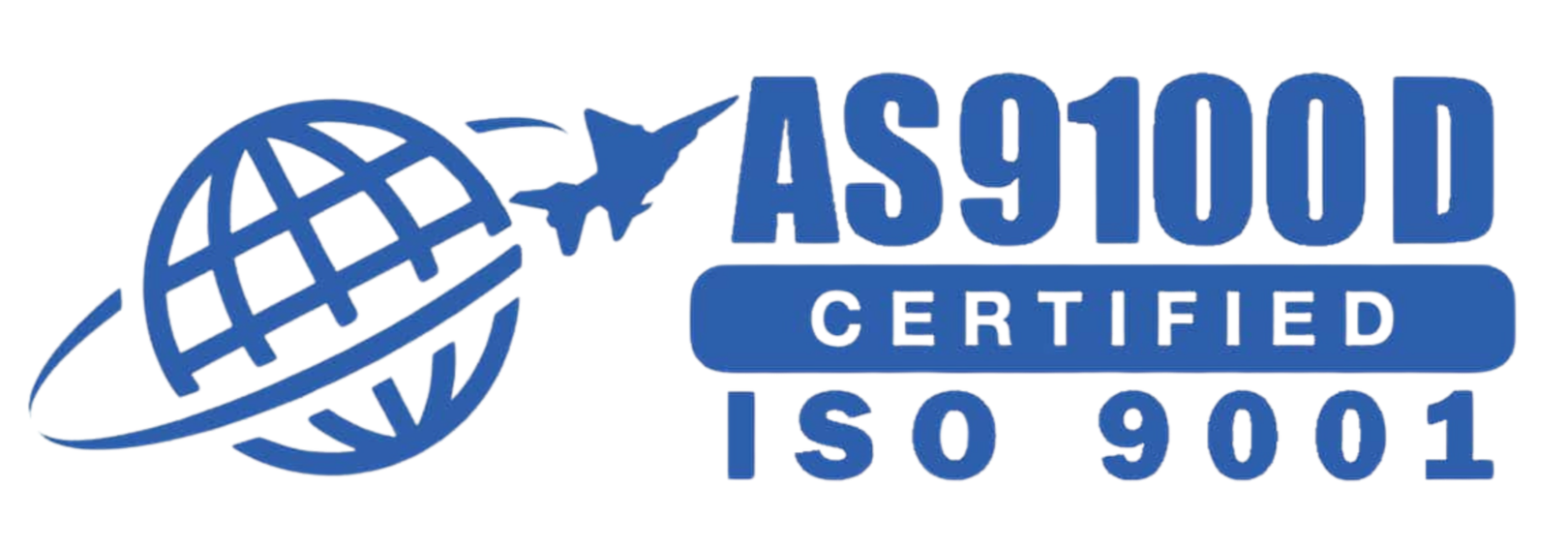 Certification logo with a stylized globe, an airplane, and the text 'AS9100 Certified ISO 9001' in blue.