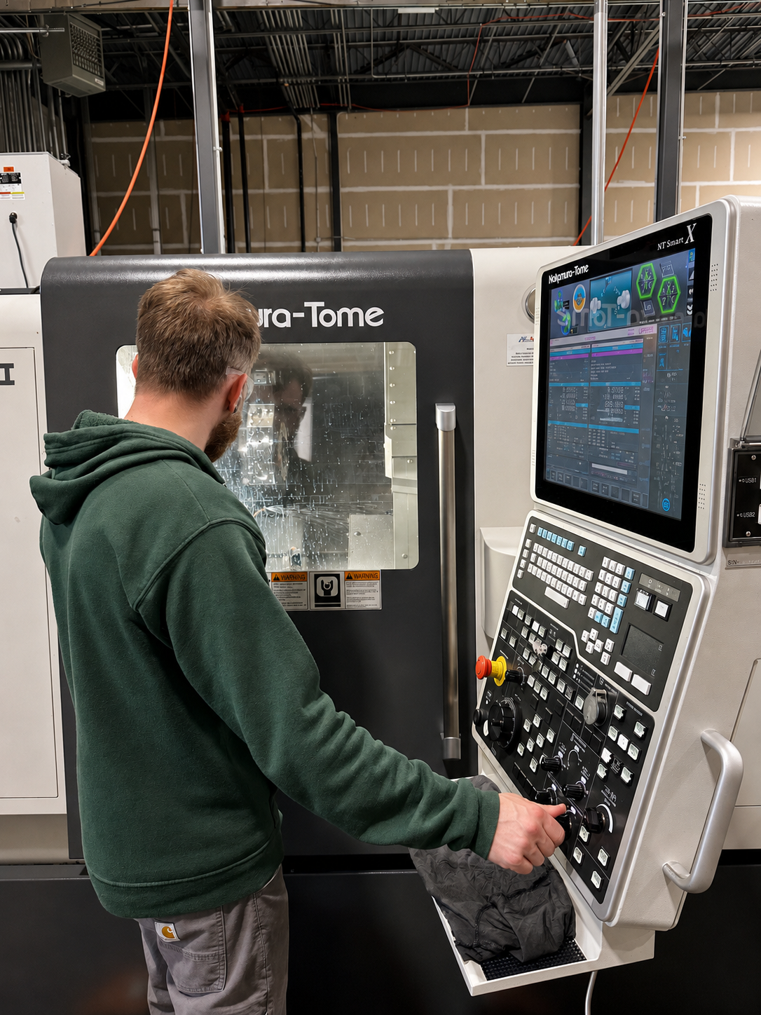 A man operating a CNC machine in an industrial machine shop / manufacturing facility.
