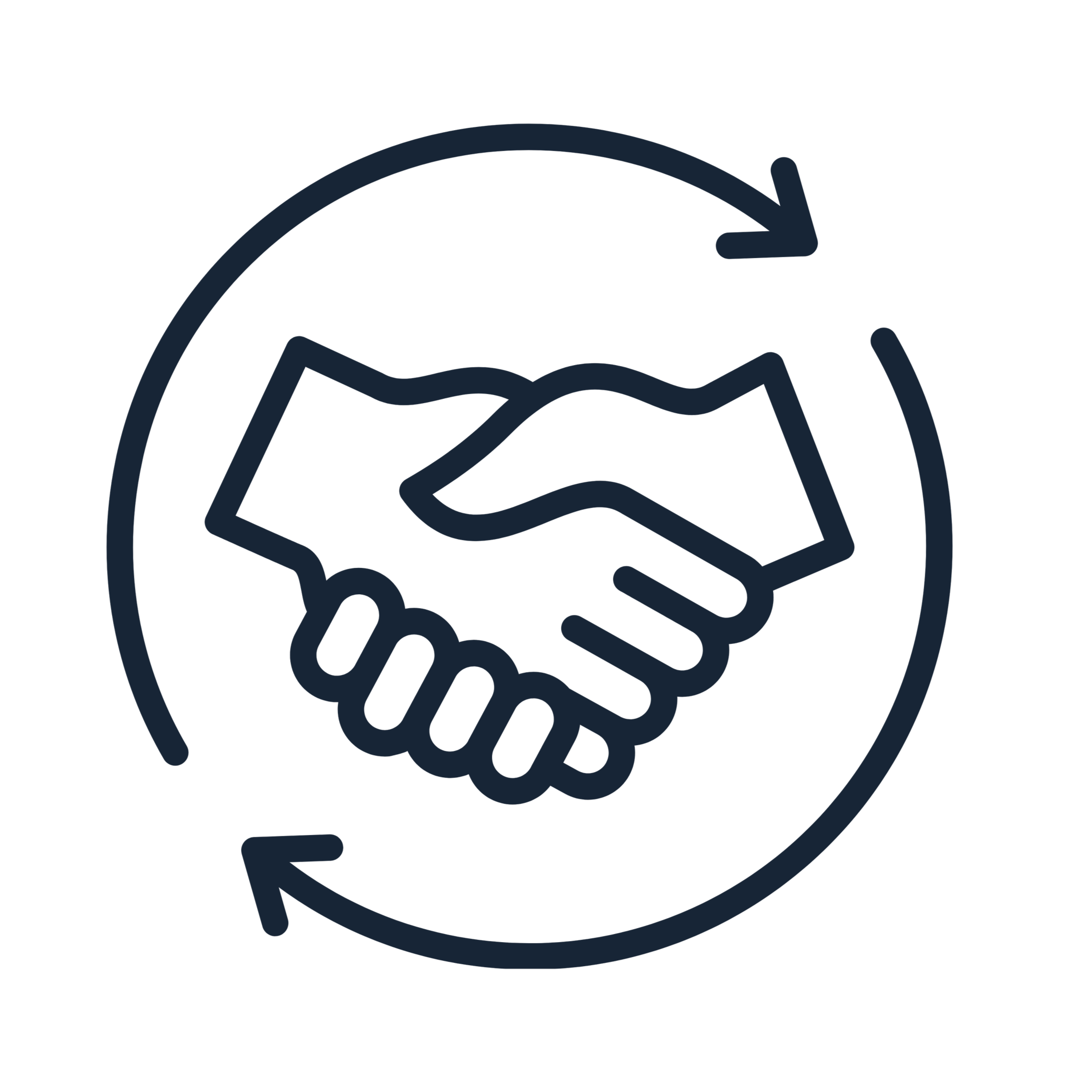 A stylized graphic of a handshake inside a circle with the words 'teamwork' and 'collaboration' around it.
