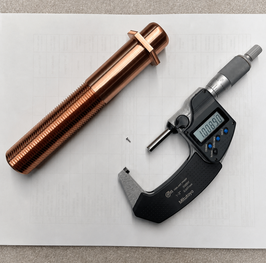 A copper heat pipe, a small screw, and a digital bore gauge on a white background.