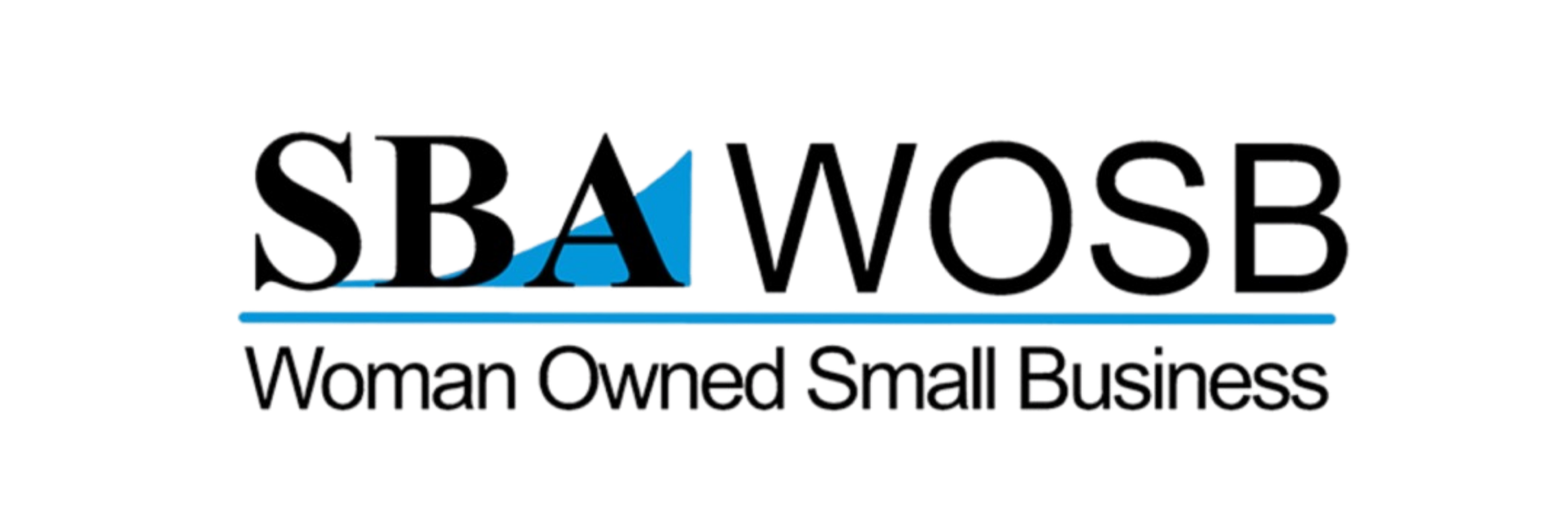 Logo for SBA WOSB, Woman Owned Small Business, with black text, a blue graphical element resembling a stylized letter A, and a blue horizontal line underneath.