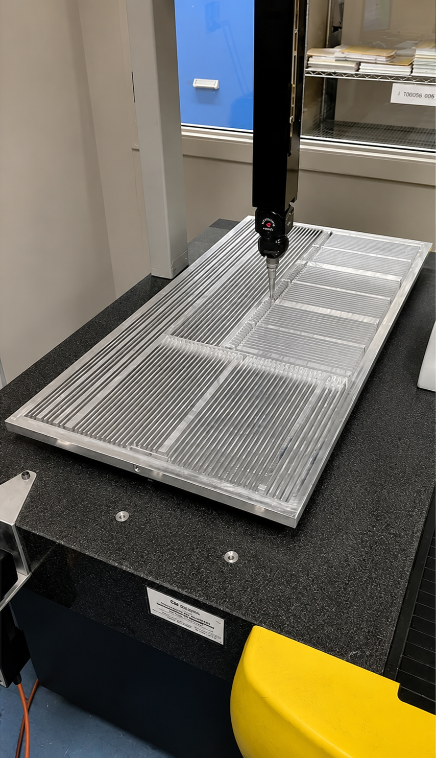 A coordinate measuring machine (CMM) with a probe touching a metallic, ribbed, rectangular thermal dynamic on a black work table in a machining facility showcasing expertise in thermodynamics.