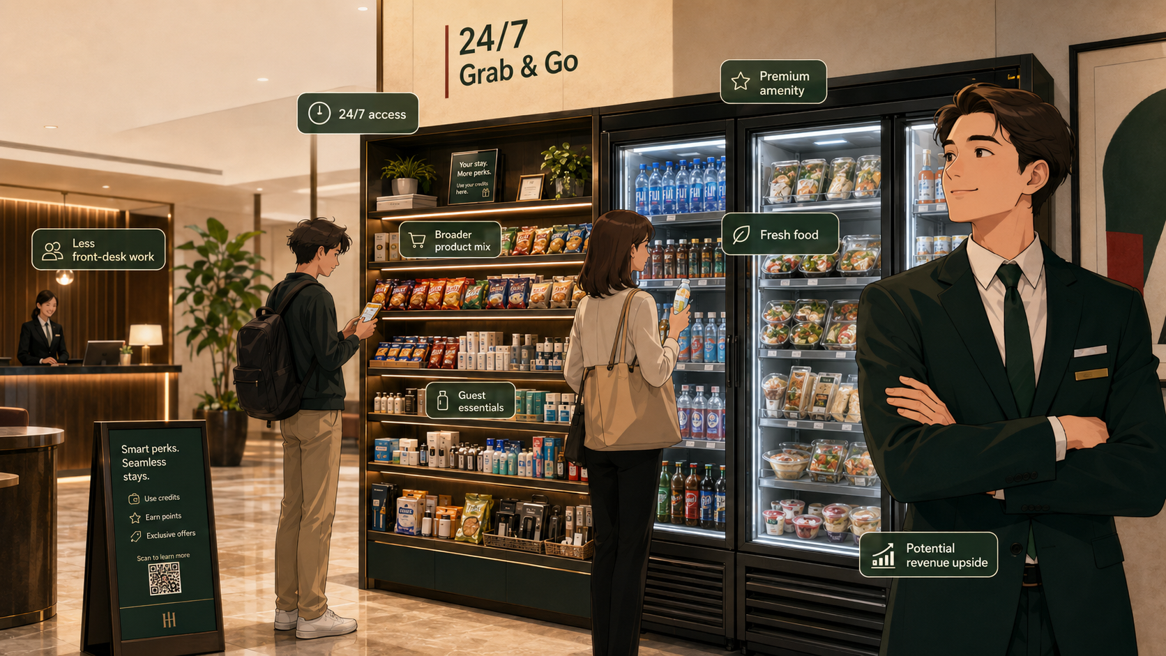A modern hotel lobby with a 24/7 smart vending and micro-market setup offering snacks, drinks, fresh food, guest essentials, and digital perks while helping hotel managers reduce front-desk workload and create a premium grab-and-go amenity.