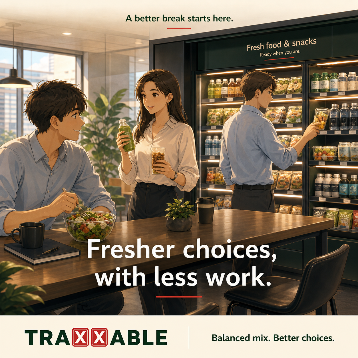 Modern San Diego office breakroom with employees choosing fresh grab-and-go food, drinks, and snacks from a managed TraXXable workplace food setup.