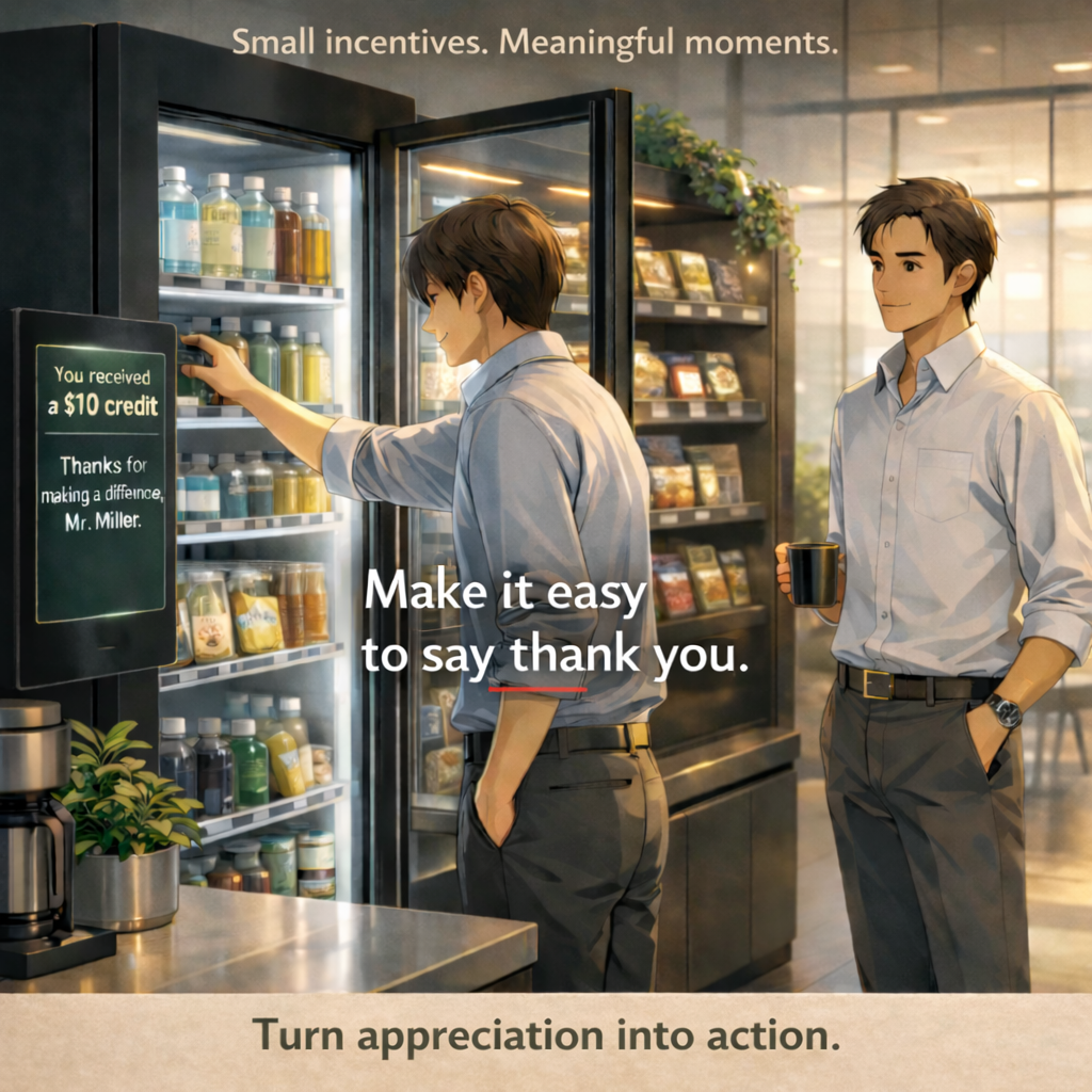 Two employees in a modern office breakroom use a smart vending machine after receiving a $10 digital reward, showing how workplace incentives can create immediate, meaningful moments.