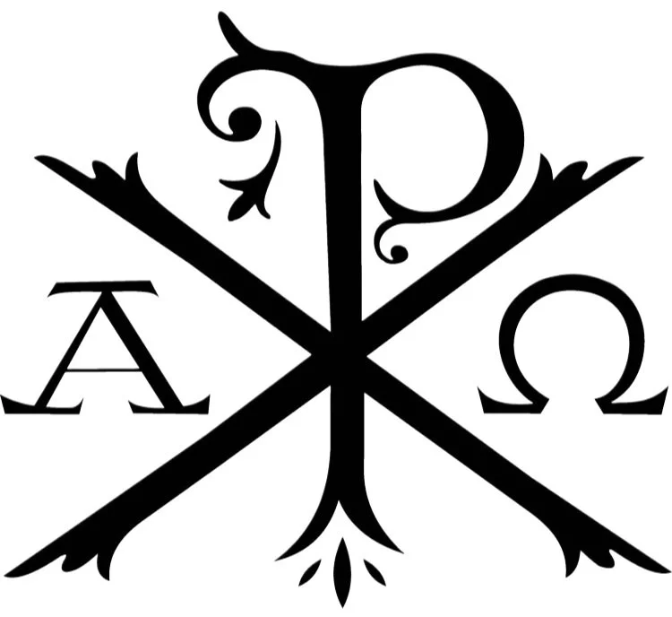 A black and white logo with Greek letters Alpha and Omega, and stylized decorative elements arranged in a symmetrical cross pattern.