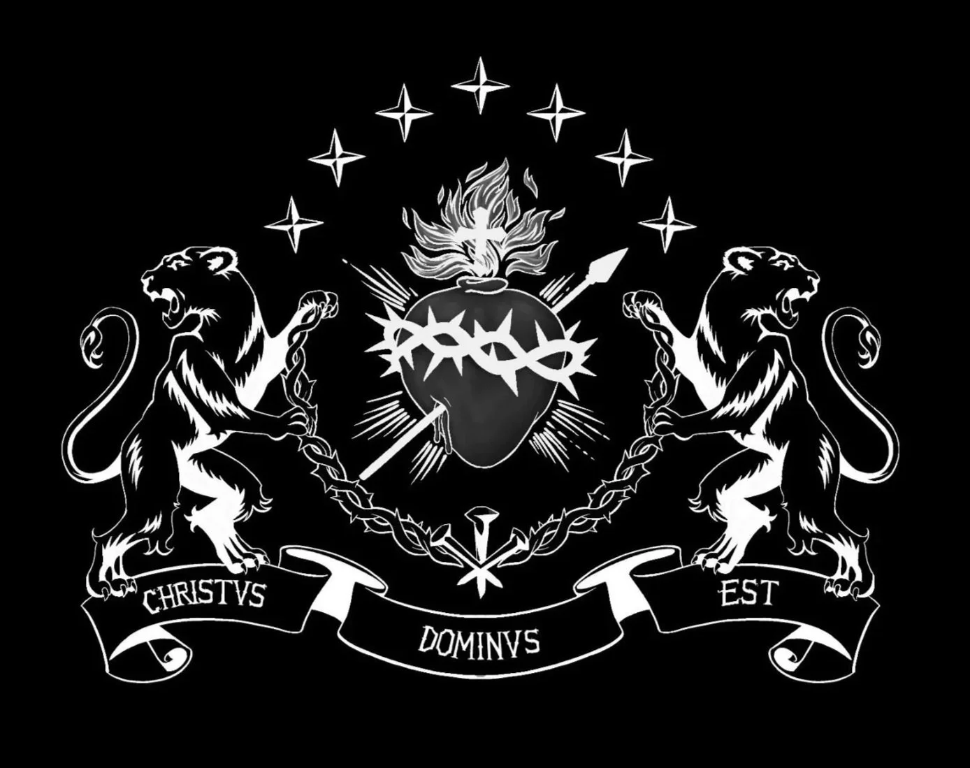 Black and white illustration of two lions on either side of a shield with a flaming heart at the center. The shield is surrounded by stars and a crown of thorns. Beneath the lions is a banner with the Latin phrase 'Christs Dominus Est'.
