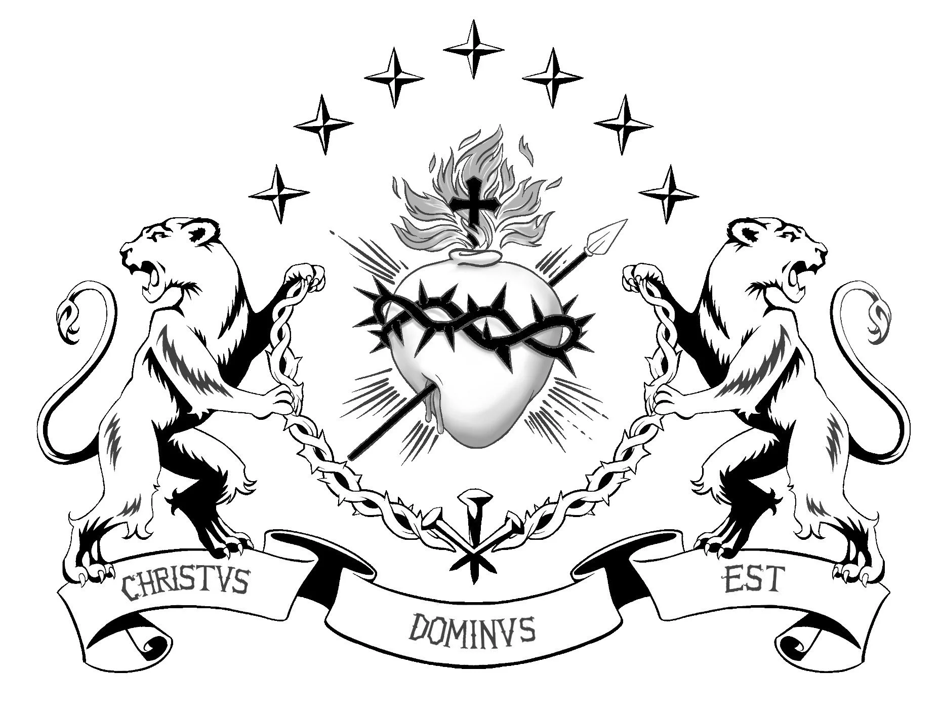 A heraldic emblem featuring two lions standing on hind legs holding a chain, with a flaming heart at the center wrapped with a crown of thorns, a cross, and an arrow. Above the heart are nine stars arranged in a semi-circle. A banner at the bottom displays the words "Christus Dominus".