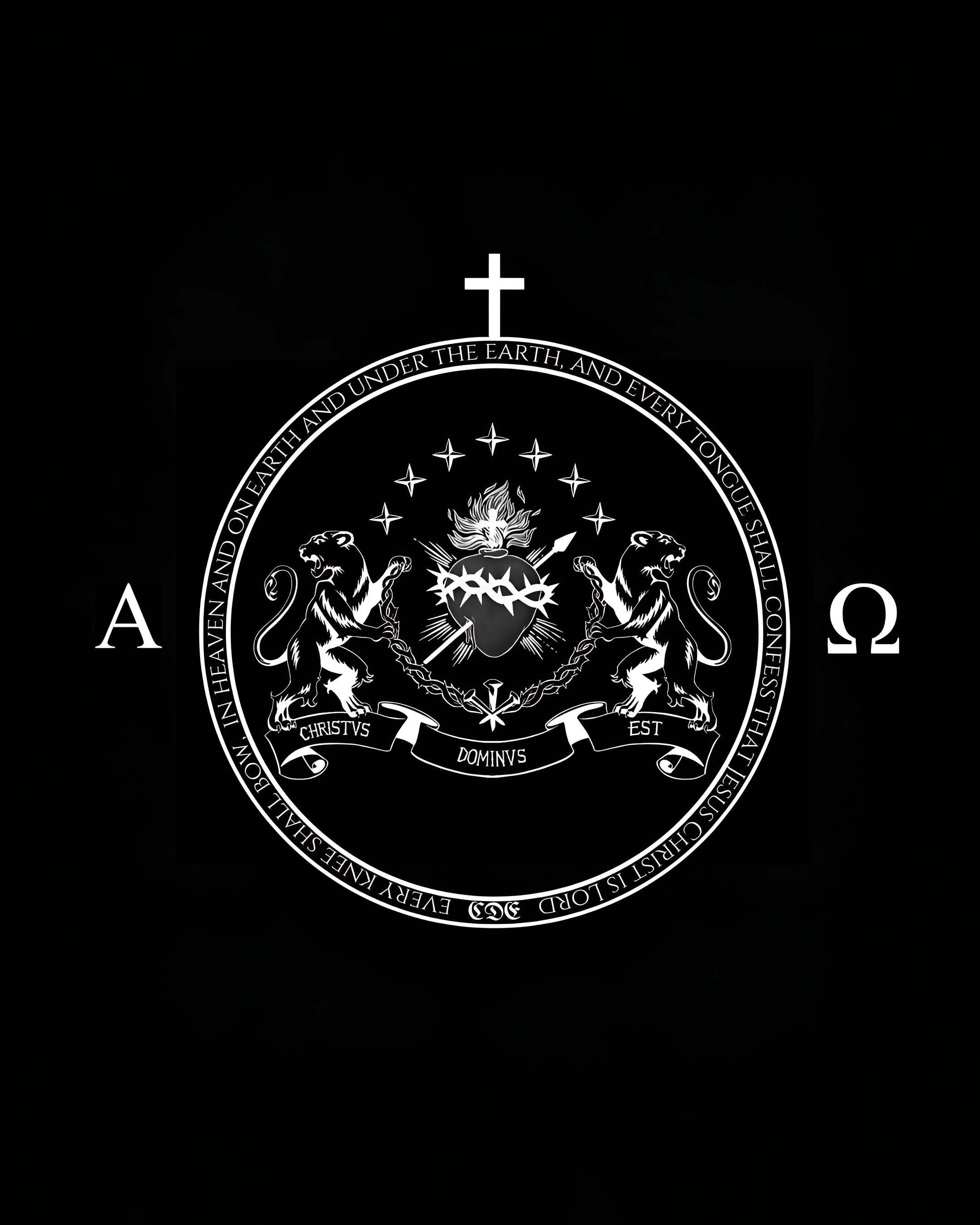 A black background with a white circular emblem featuring two lions holding a flaming heart with a crown of thorns, stars above, and a cross at the top. The emblem includes a Latin phrase 'Christus Dominus Est' and an encircling quote.
