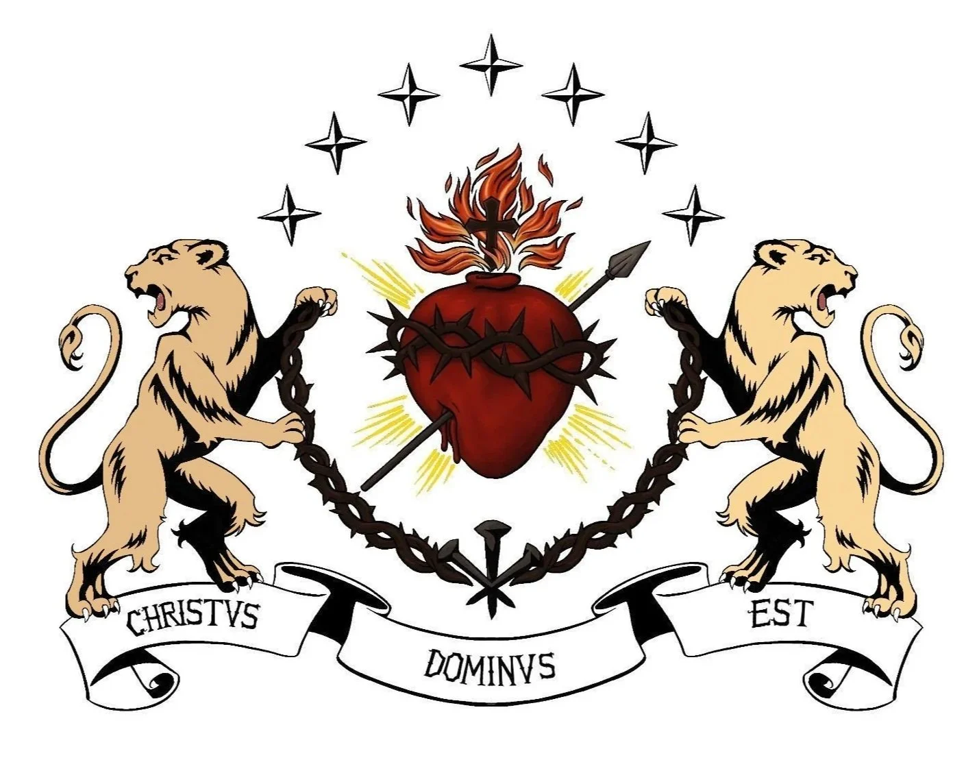 A heraldic crest with two lions holding a chain around a flaming anatomical heart. The crest is crowned with eight stars and a black cross above the heart. A banner below reads 'Christus Dominius Est'.