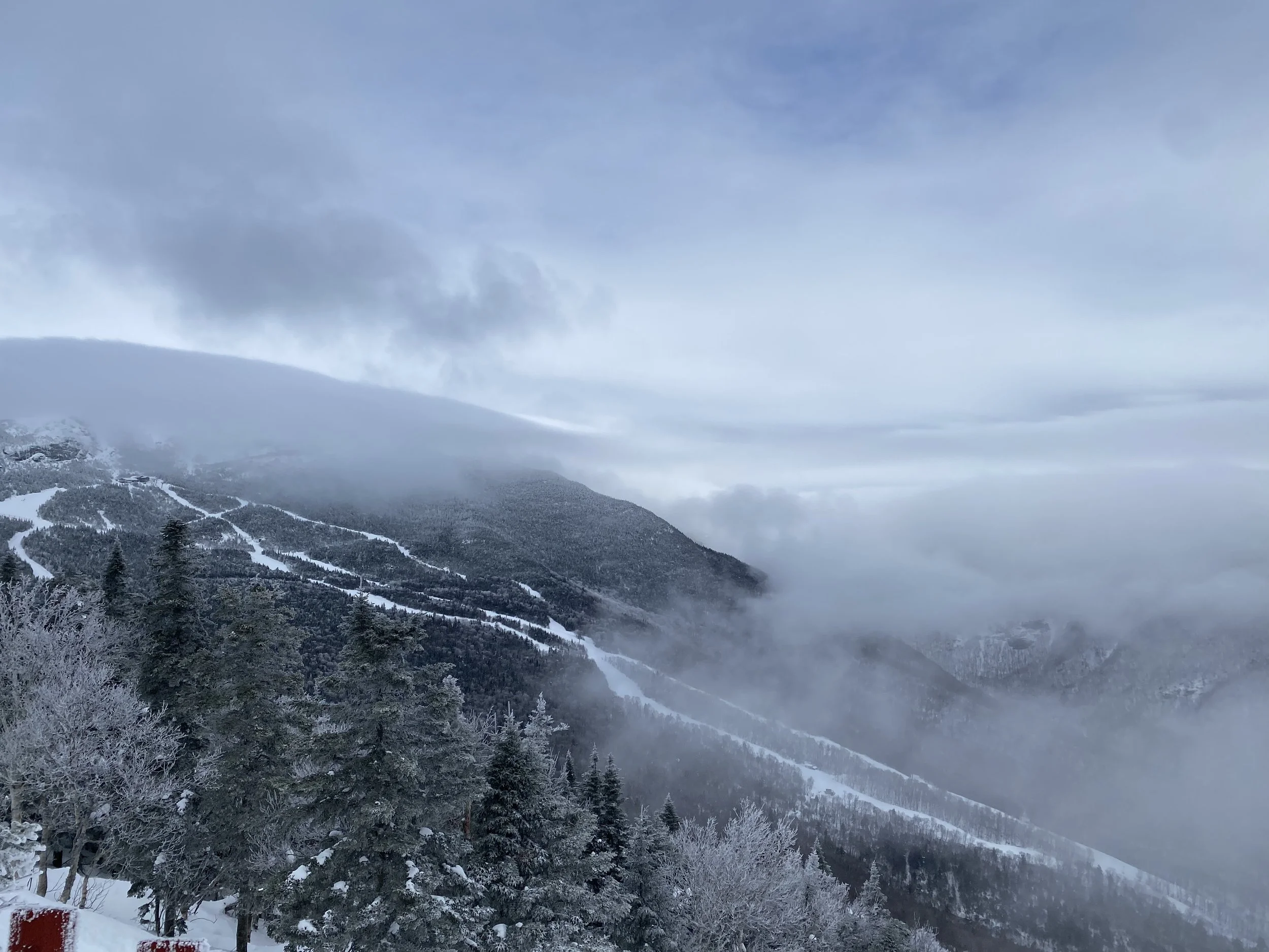 Snow-covered mountain landscape with trees, slopes, and cloudy sky.