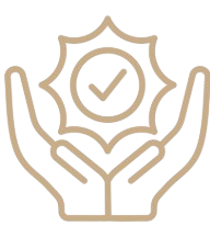 Hands holding a shield with a check mark, symbolizing protection or security.