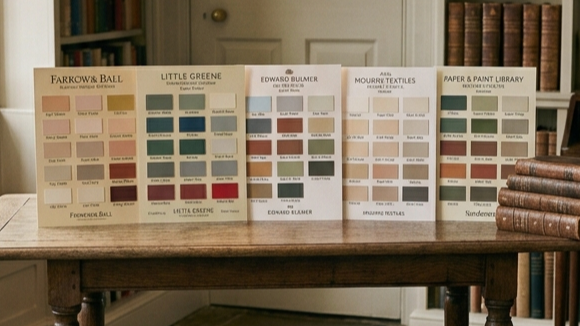 Color sample cards for interior paint and fabric in shades of green, blue, beige, brown, and gray displayed on a wooden table.