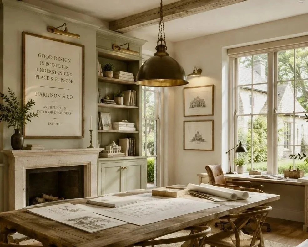 A cozy home office with large windows, a wooden table, bookshelf, desk lamp, and framed artwork.