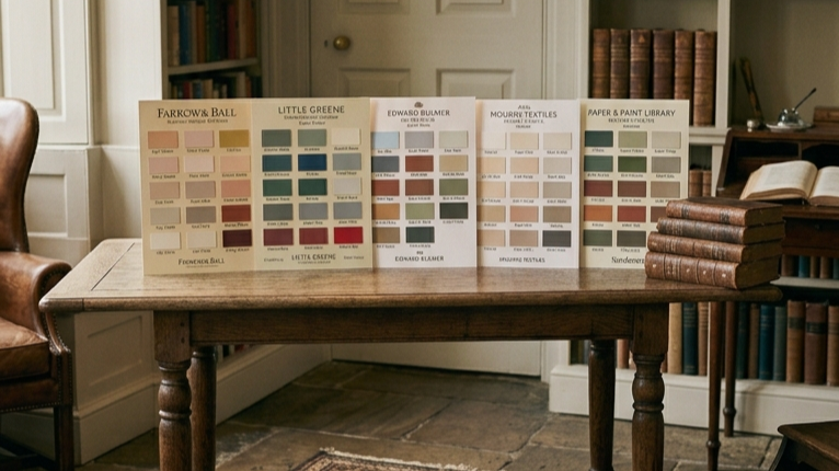 Color sample boards for various textile and paint brands arranged on a wooden table in a cozy, well-lit room with bookshelves.