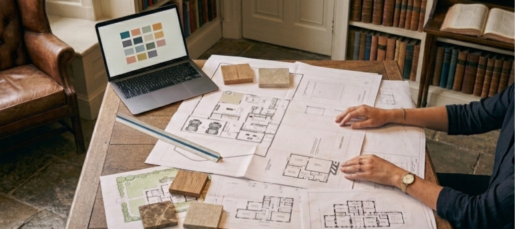 A person working on architectural blueprints spread across a wooden table, with a laptop displaying color swatches, and small samples of flooring materials.