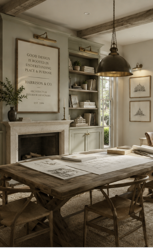 Interior of a cozy room with a wooden table, six chairs, built-in bookshelves, framed artwork, and a large metal pendant light. A fireplace with a large framed quote hangs above it, and decorative items and books are arranged on the shelves. Natural light streams through a nearby window.