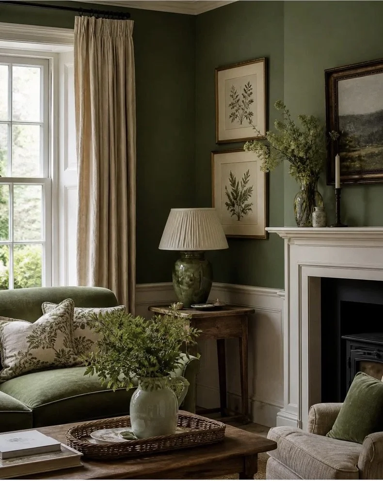 Living room with green walls, a window with cream curtains, a green sofa with patterned pillows, a wooden side table with a green vase and lamp, framed botanical prints on the wall, a fireplace with a white mantel, and a wooden coffee table with a vase of greenery.