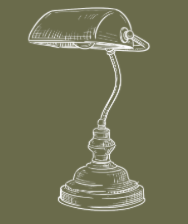 Line drawing of a vintage desk lamp with a flexible neck and a round base, against an olive green background.