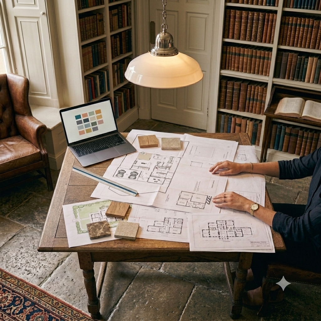 Interior of a study room with bookshelves, a wooden table with architectural blueprints, a laptop, and sample tiles, and a person working on the blueprints.