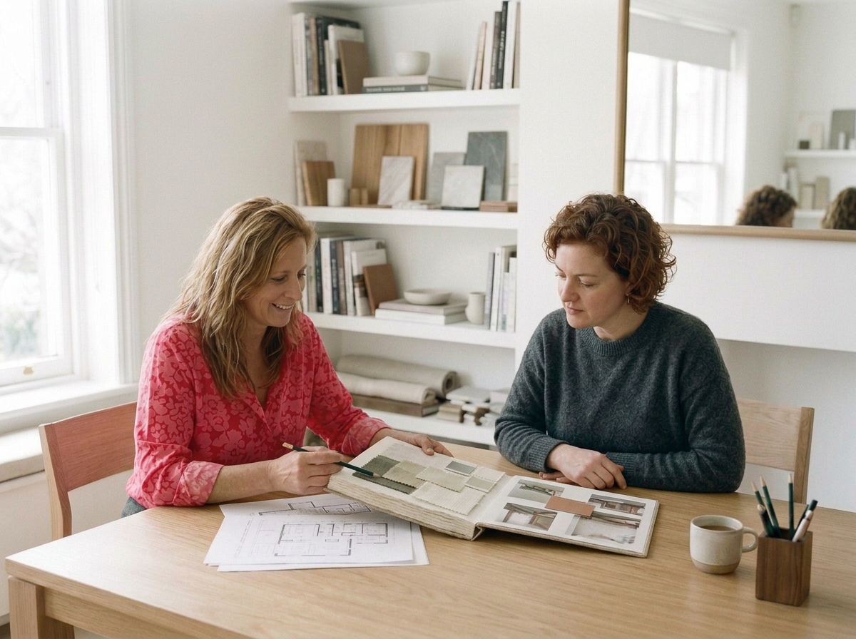 Two women sit at a wooden table discussing interior design. One woman, in a red patterned shirt, points at a color palette or fabric sample book, while the other woman, in a dark gray sweater, looks on. The table has architectural plans, a mug, and a container with pens. Behind them is a white bookshelf with decorative items and books, and a large mirror on the wall.