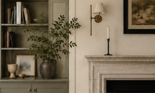 Living room with green bookshelf, large plant, framed photo, golden decor pieces, wall lamp, candle, and fireplace.