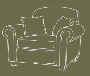 Outline drawing of a plush armchair with two cushions on a green background.