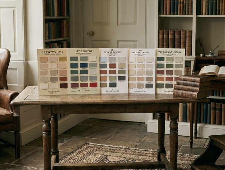 A wooden table with four color sample cards and a stack of books in a room with built-in bookshelves.