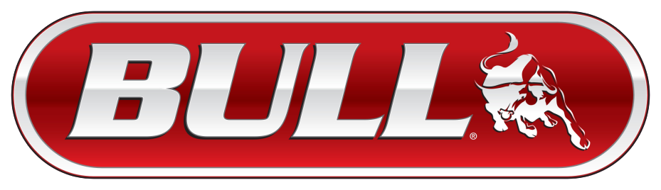Logo with the word 'BULL' in large silver letters on a red background with a stylized silver and red bull head to the right.