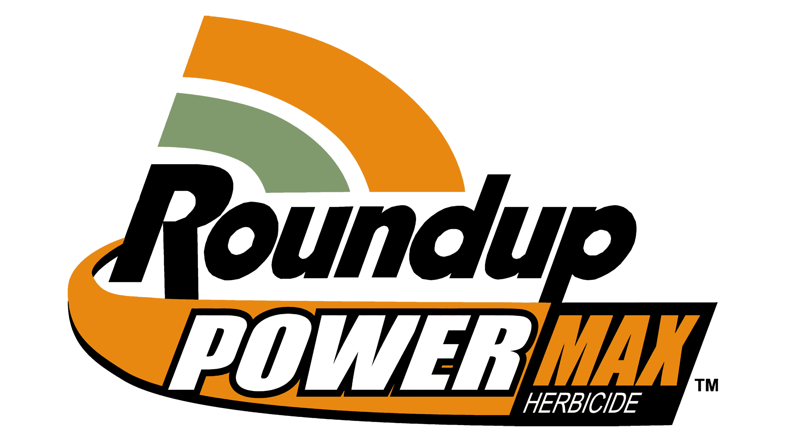 Roundup PowerMax herbicide logo with black background, stylized orange and green design, and bold white and orange text.