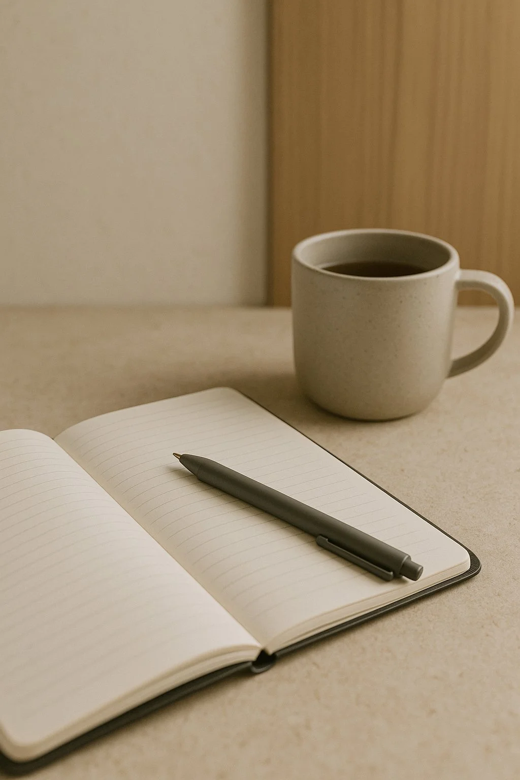 Open blank notebook with a black pen on it, and a mug of coffee on a beige desk.