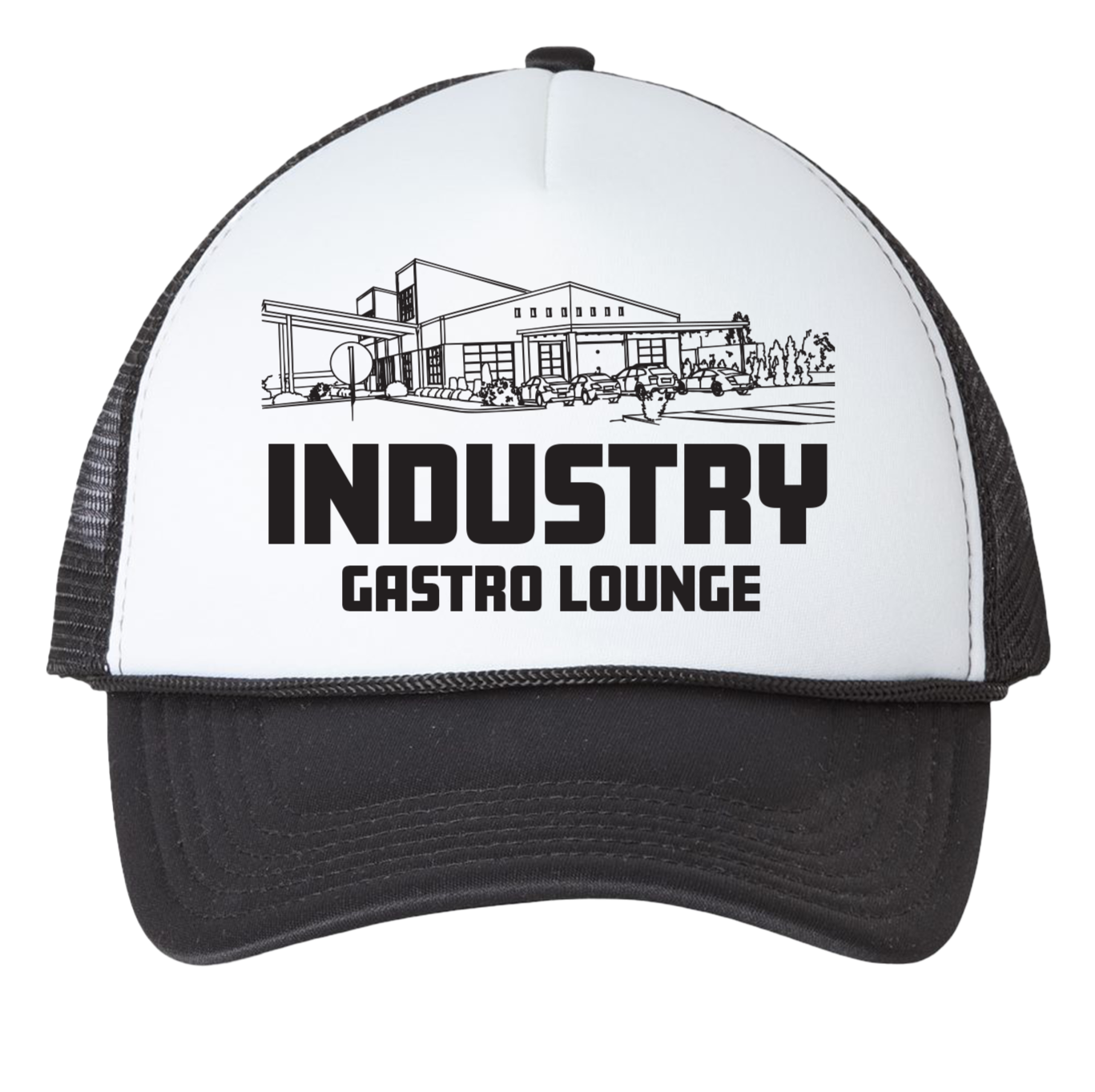 Merchandise and Apparel - Cap with a black and white graphic of a building and the text "Industry Gastro Lounge".