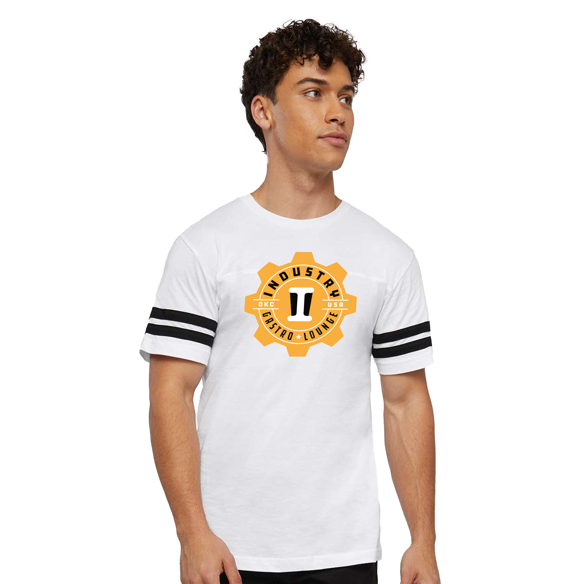 Merchandise and Apparel - Young man wearing a white T-shirt with black stripes on the sleeves and a logo in the center that reads 'Industry Cafe Lounge' with gear and coffee cup symbols.