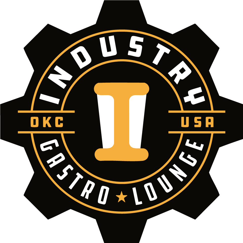 Logo for Industry Gas Lounge in Oklahoma City, USA. Features a large yellow 'I' in the center, with the words 'INDUSTRY' and 'LOUNGE' curved around it, and 'OKC' and 'USA' on either side.