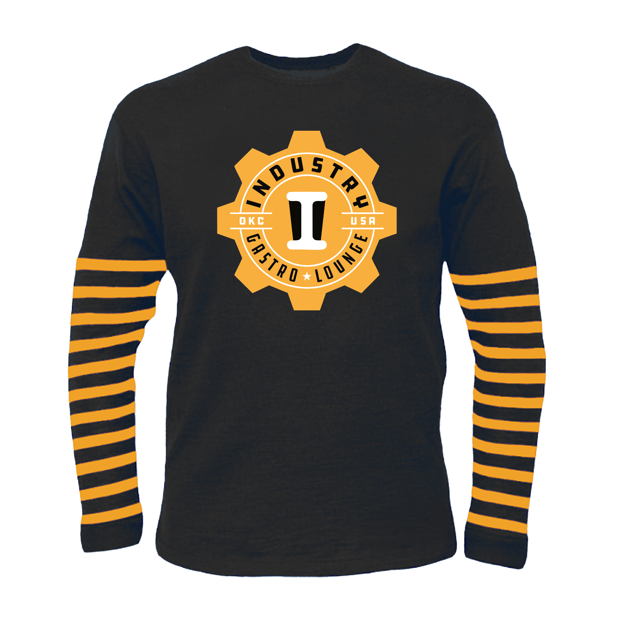 Black long-sleeve shirt with yellow and black striped sleeves. Centered logo featuring a gear with text 'INDUSTRY GASTRO LOUNGE' and 'OKC USA', and in the middle a white and black letter 'I'.