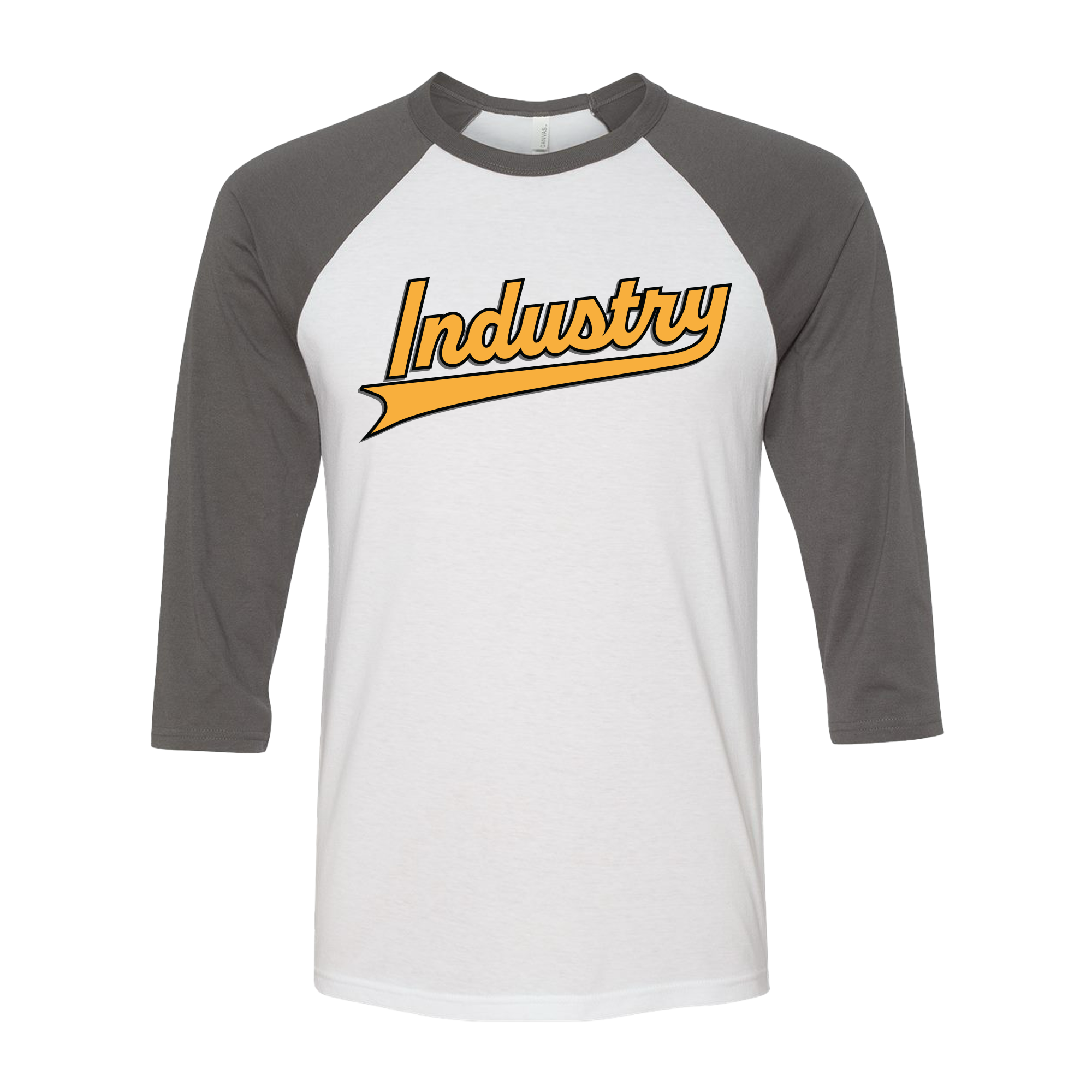 Merchandise and Apparel - A baseball raglan shirt with gray three-quarter length sleeves and a white body, featuring the word "Industry" in bold orange and black lettering on the front.