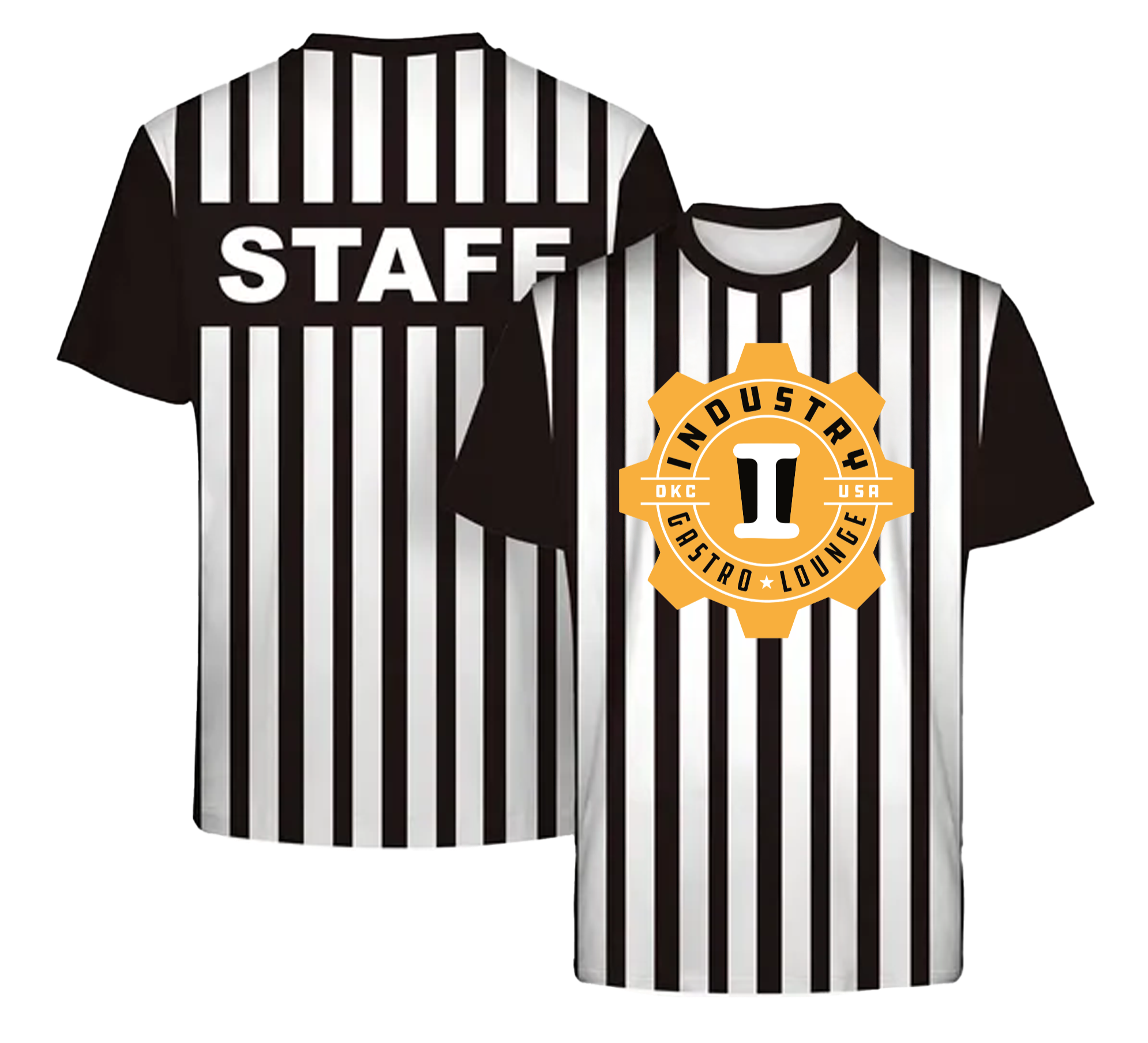 Merchandise and Apparel - Two black and white striped shirts hanging, one with a staff label and the other with a logo reading 'Industry Gastropub Lounge'.
