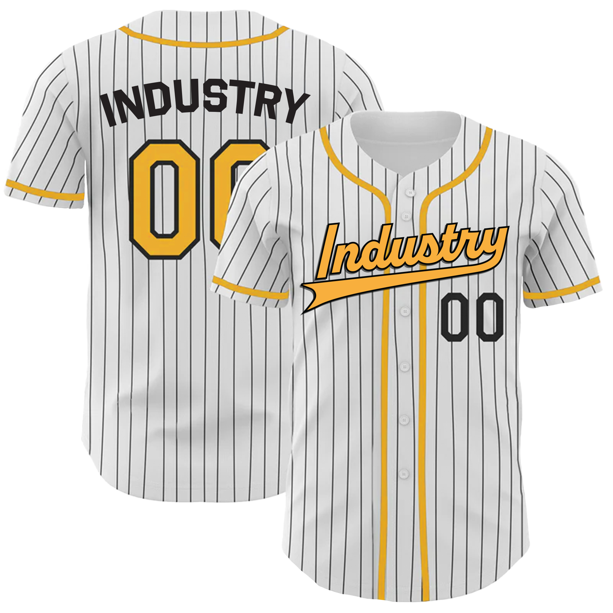 Merchandise and Apparel - A white baseball jersey with black vertical pinstripes, yellow accents, and the word 'Industry' in yellow and black on the front, with the number '00' on both the front and back.