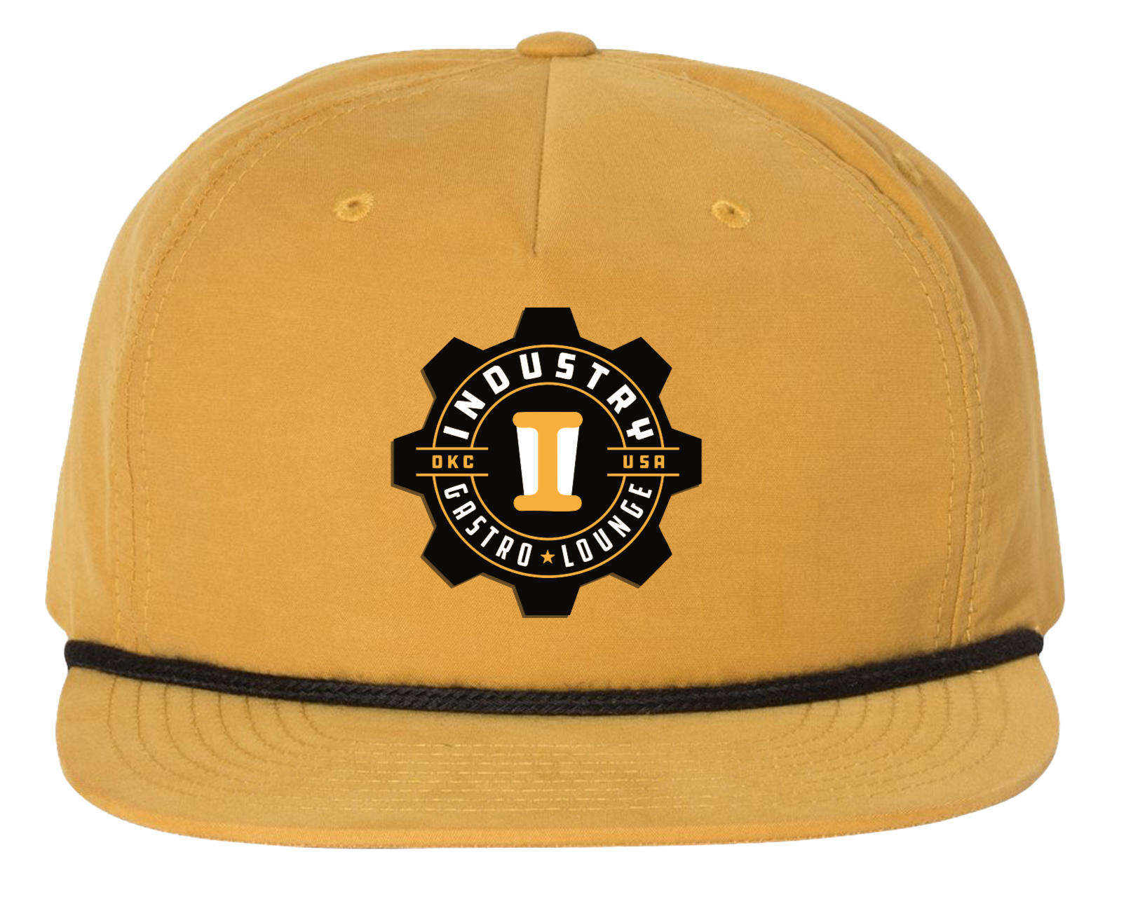 Merchandise and Apparel - Yellow baseball cap with a black and white logo reading 'Industry Gasiro Lounge' and 'OKC USA' on the front.