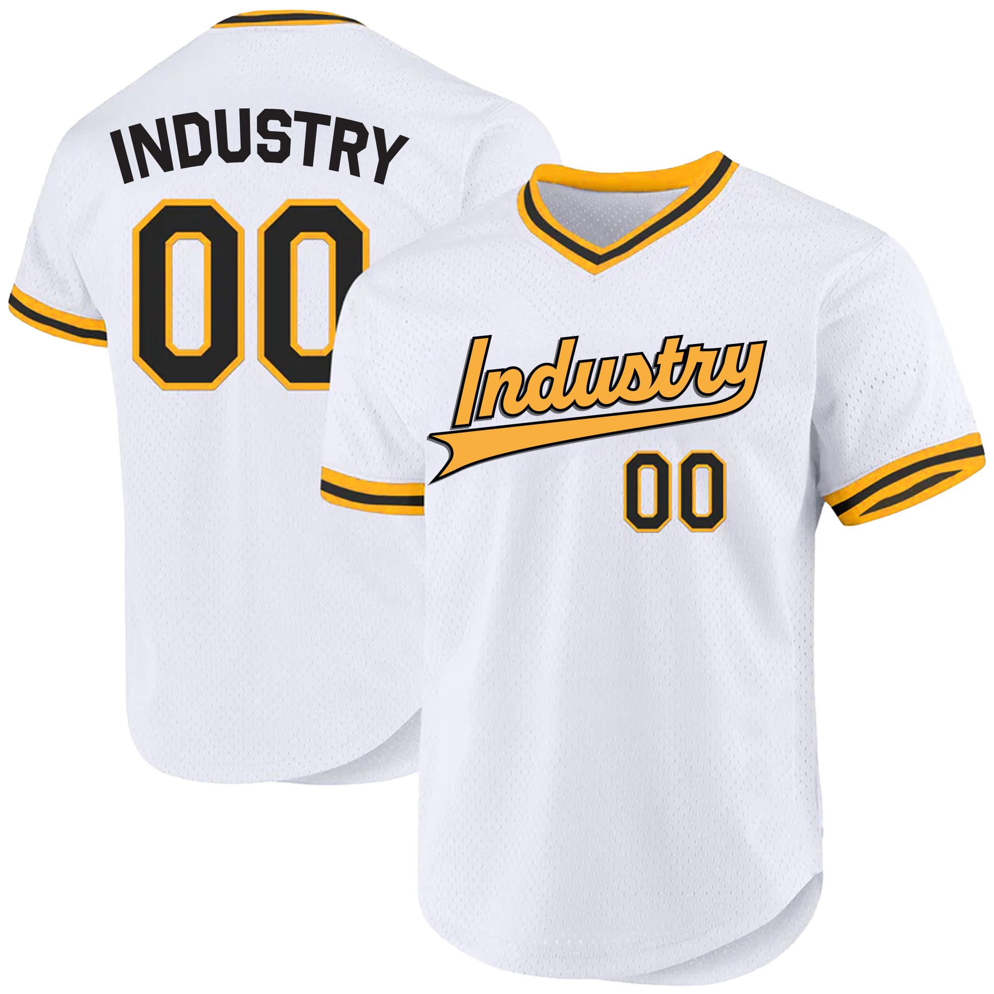 Merchandise and Apparel - White sports jersey with black and yellow accents. The front displays the word 'Industry' in cursive, with the number 00 below. The back shows the same word and number, with 'Industry' in bold uppercase letters.